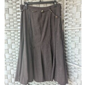 Brown Vegan Suede Aline Midi Skirt Beaded Belt Flared Boho Western Festival 10